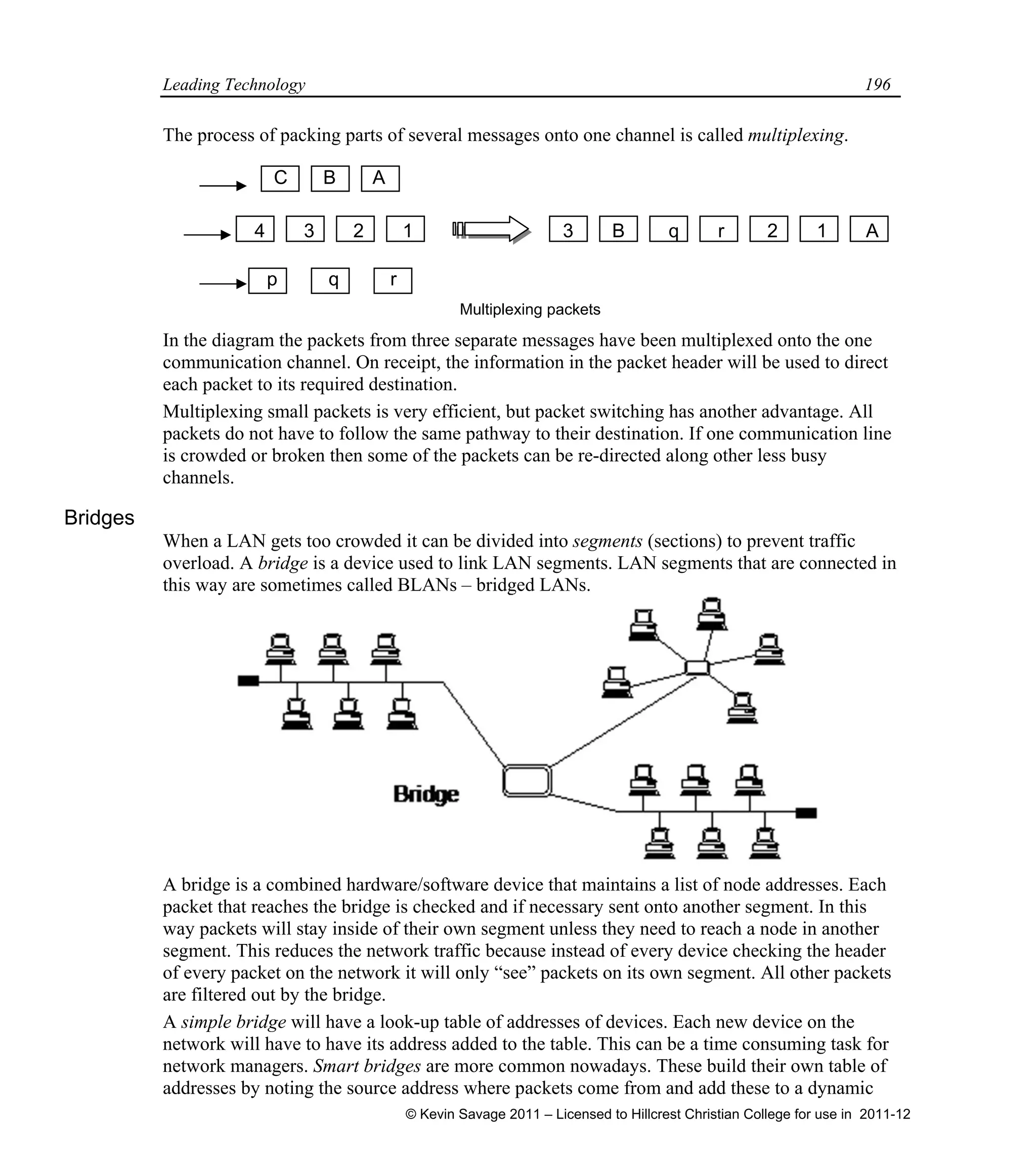 Leading Technology 196
The process of packing parts of several messages onto one channel is called multiplexing.
C B A
4 3 2 1 3 B q r 2 1 A
p q r
Multiplexing packets
In the diagram the packets from three separate messages have been multiplexed onto the one
communication channel. On receipt, the information in the packet header will be used to direct
each packet to its required destination.
Multiplexing small packets is very efficient, but packet switching has another advantage. All
packets do not have to follow the same pathway to their destination. If one communication line
is crowded or broken then some of the packets can be re-directed along other less busy
channels.
Bridges
When a LAN gets too crowded it can be divided into segments (sections) to prevent traffic
overload. A bridge is a device used to link LAN segments. LAN segments that are connected in
this way are sometimes called BLANs – bridged LANs.
A bridge is a combined hardware/software device that maintains a list of node addresses. Each
packet that reaches the bridge is checked and if necessary sent onto another segment. In this
way packets will stay inside of their own segment unless they need to reach a node in another
segment. This reduces the network traffic because instead of every device checking the header
of every packet on the network it will only “see” packets on its own segment. All other packets
are filtered out by the bridge.
A simple bridge will have a look-up table of addresses of devices. Each new device on the
network will have to have its address added to the table. This can be a time consuming task for
network managers. Smart bridges are more common nowadays. These build their own table of
addresses by noting the source address where packets come from and add these to a dynamic
© Kevin Savage 2011 – Licensed to Hillcrest Christian College for use in 2011-12
 