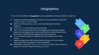 Infographics
You can add and edit some infographics to your presentation to show your data in a visual way.
● Choose your favourite infographic and insert it in your presentation using Ctrl C
+ Ctrl V or Cmd C + Cmd V in Mac.
● Select one of the parts and ungroup it by right-clicking and choosing
“Ungroup”.
● Change the color by clicking on the paint bucket.
● Then resize the element by clicking and dragging one of the square-shaped
points of its bounding box (the cursor should look like a double-headed arrow).
Remember to hold Shift while dragging to keep the proportions.
● Group the elements again by selecting them, right-clicking and choosing
“Group”.
● Repeat the steps above with the other parts and when you’re done editing,
copy the end result and paste it into your presentation.
● Remember to choose the “Keep source formatting” option so that it keeps the
design. For more info, please visit Slidesgo School.
 