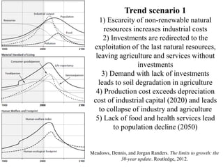 Meadows, Dennis, and Jorgan Randers. The limits to growth: the
30-year update. Routledge, 2012.
Trend scenario 1
1) Escarcity of non-renewable natural
resources increases industrial costs
2) Investments are redirected to the
exploitation of the last natural resources,
leaving agriculture and services without
investments
3) Demand with lack of investments
leads to soil degradation in agriculture
4) Production cost exceeds depreciation
cost of industrial capital (2020) and leads
to collapse of industry and agriculture
5) Lack of food and health services lead
to population decline (2050)
 
