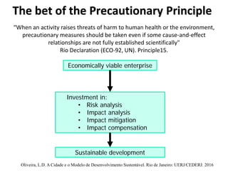 The bet of the Precautionary Principle
Economically viable enterprise
Investment in:
• Risk analysis
• Impact analysis
• Impact mitigation
• Impact compensation
Sustainable development
Oliveira, L.D. A Cidade e o Modelo de Desenvolvimento Sustentável. Rio de Janeiro: UERJ/CEDERJ. 2016
“When an activity raises threats of harm to human health or the environment,
precautionary measures should be taken even if some cause-and-effect
relationships are not fully established scientifically"
Rio Declaration (ECO-92, UN). Principle15.
 