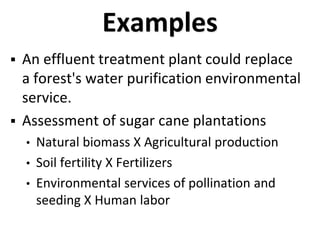 Examples
 An effluent treatment plant could replace
a forest's water purification environmental
service.
 Assessment of sugar cane plantations
• Natural biomass X Agricultural production
• Soil fertility X Fertilizers
• Environmental services of pollination and
seeding X Human labor
 