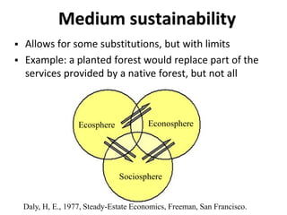 Medium sustainability
 Allows for some substitutions, but with limits
 Example: a planted forest would replace part of the
services provided by a native forest, but not all
Daly, H, E., 1977, Steady-Estate Economics, Freeman, San Francisco.
Ecosphere Econosphere
Sociosphere
 