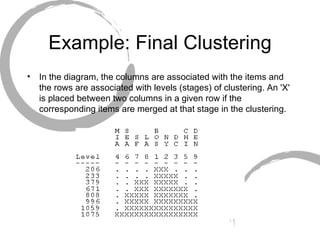Example: Final Clustering In the diagram, the columns are associated with the items and the rows are associated with levels (stages) of clustering. An 'X' is placed between two columns in a given row if the corresponding items are merged at that stage in the clustering. 
