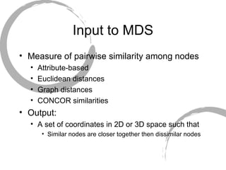 Input to MDS Measure of pairwise similarity among nodes Attribute-based Euclidean distances Graph distances CONCOR similarities Output: A set of coordinates in 2D or 3D space such that Similar nodes are closer together then dissimilar nodes 