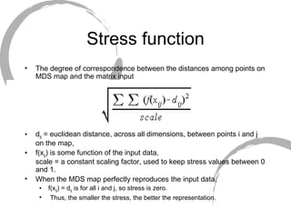 Stress function The degree of correspondence between the distances among points on MDS map and the matrix input d ij  = euclidean distance, across all dimensions, between points i and j on the map,  f(x ij ) is some function of the input data, scale = a constant scaling factor, used to keep stress values between 0 and 1.  When the MDS map perfectly reproduces the input data,  f(x ij ) = d ij  is for all i and j, so stress is zero. Thus, the smaller the stress, the better the representation. 