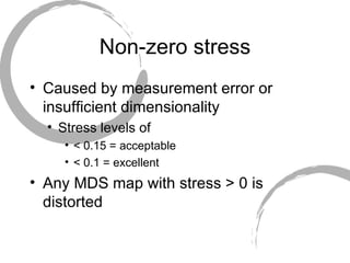 Non-zero stress Caused by measurement error or insufficient dimensionality Stress levels of  < 0.15 = acceptable < 0.1 = excellent Any MDS map with stress > 0 is distorted 