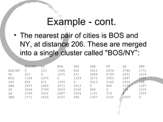 Example - cont. The nearest pair of cities is BOS and NY, at distance 206. These are merged into a single cluster called "BOS/NY”: BOS/NY  DC  MIA  CHI  SEA  SF  LA  DEN BOS/NY  0  223  1308  802  2815  2934  2786  1771 DC  223  0  1075  671  2684  2799  2631  1616 MIA  1308  1075  0  1329  3273  3053  2687  2037 CHI  802  671  1329  0  2013  2142  2054  996 SEA  2815  2684  3273  2013  0  808  1131  1307 SF  2934  2799  3053  2142  808  0  379  1235 LA  2786  2631  2687  2054  1131  379  0  1059 DEN  1771  1616  2037  996  1307  1235  1059  0 