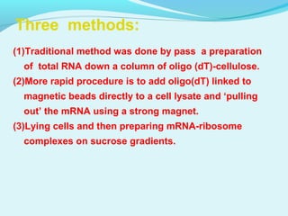 (1)Traditional method was done by pass a preparation
of total RNA down a column of oligo (dT)-cellulose.
(2)More rapid procedure is to add oligo(dT) linked to
magnetic beads directly to a cell lysate and ‘pulling
out’ the mRNA using a strong magnet.
(3)Lying cells and then preparing mRNA-ribosome
complexes on sucrose gradients.
Three methods:
 