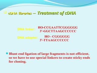  cDNA libraries —cDNA libraries — Treatment of cDNATreatment of cDNA
Blunt end ligation of large fragments is not efficient,
so we have to use special linkers to create sticky ends
for cloning.
DNA linker:
DNA adaptor:
HO-CCGAATTCGGGGGG
3’-GGCTTAAGCCCCCC
HO - CGGGGGG
3’-TTAAGCCCCCC
 