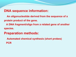 DNA sequence information:
An oligonucleotide derived from the sequence of a
protein product of the gene.
A DNA fragment/oligo from a related gene of another
species.
Preparation methods:
Automated chemical synthesis (short probes)
PCR
 