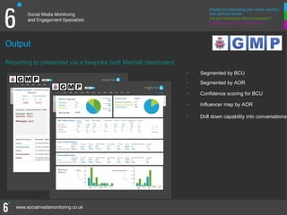 Output

Reporting to presented via a bespoke built Metrix6 dashboard
                                                               ‣   Segmented by BCU

                                                               ‣   Segmented by AOR

                                                               ‣   Confidence scoring for BCU

                                                               ‣   Influencer map by AOR

                                                               ‣   Drill down capability into conversations
 