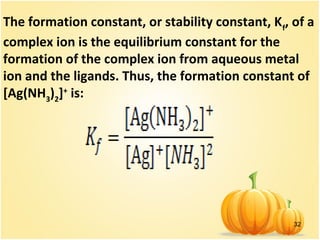 32
The formation constant, or stability constant, Kf
, of a
complex ion is the equilibrium constant for the
formation of the complex ion from aqueous metal
ion and the ligands. Thus, the formation constant of
[Ag(NH3
)2
]+
is:
 