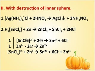 35
II. With destruction of inner sphere.
1.[Ag(NH3
)2
]Cl + 2HNO3
→ AgCl↓ + 2NH4
NO3
2.H2
[SnCl6
] + Zn → ZnCl2
+ SnCl2
+ 2HCl
1 [SnCl6]│ 2-
+ 2℮ → Sn2+
+ 6Cl-
1 Zn│ 0
- 2℮ → Zn2+
[SnCl6
]2-
+ Zn0
→ Sn2+
+ 6Cl-
+ Zn2+
 
