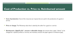 Cost of Production vs. Price vs. Reimbursed amount
 Cost of production: Cost of the resources (or inputs) that are used in the production of a good or
service.
 Price or charge: The Monterey value that is asked by the seller for a good or a service
 Reimbursed ‫النفقات‬ ‫اعادة‬ amount = allowable charge: the amount that a payer “allows” to be
charged for a specific product or service; the monetary amount the payer agrees to reimburse (pay).
 