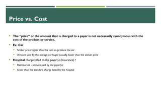 Price vs. Cost
 The “price” or the amount that is charged to a payer is not necessarily synonymous with the
cost of the product or service.
 Ex. Car
 Sticker price higher than the cost to produce the car
 Amount paid by the average car buyer (usually lower than the sticker price
 Hospital charge billed to the payer(s) (Insurance) !
 Reimbursed - amount paid by the payer(s).
 lower than the standard charge listed by the hospital
 