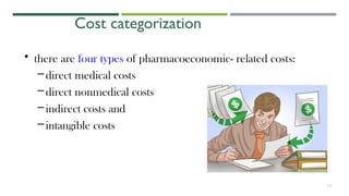 Cost categorization
• there are four types of pharmacoeconomic- related costs:
–direct medical costs
–direct nonmedical costs
–indirect costs and
–intangible costs
14
 