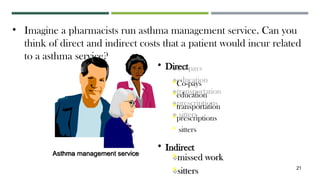 21
• Imagine a pharmacists run asthma management service. Can you
think of direct and indirect costs that a patient would incur related
to a asthma service?
• Direct
Co-pays
education
transportation
prescriptions
 sitters
• Indirect
missed work
sitters
Asthma management service
 