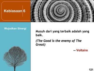 Kebiasaan 6
Wujudkan Sinergi
121
Musuh dari yang terbaik adalah yang
baik.
(The Good is the enemy of The
Great)
-- Voltaire
 
