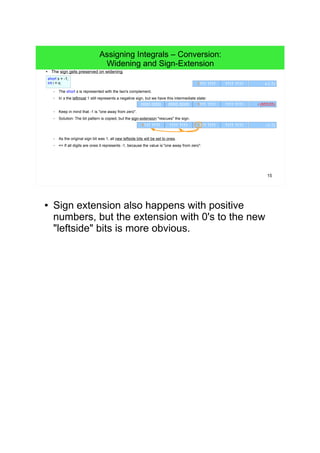 15
Assigning Integrals – Conversion:
Widening and Sign-Extension
● The sign gets preserved on widening.
– The short s is represented with the two's complement.
– In s the leftmost 1 still represents a negative sign, but we have this intermediate state:
– Keep in mind that -1 is "one away from zero".
– Solution: The bit pattern is copied, but the sign-extension "rescues" the sign.
– As the original sign bit was 1, all new leftside bits will be set to ones.
– => If all digits are ones it represents -1, because the value is "one away from zero".
short s = -1;
int i = s; 1111 1111 1111 1111 s (-1)
1111 1111 1111 1111 i (-1)1111 1111 1111 1111
1111 1111 1111 1111 i (65535)0000 0000 0000 0000
● Sign extension also happens with positive numbers,
but the extension with 0's to the new "leftside" bits is
more obvious.
 