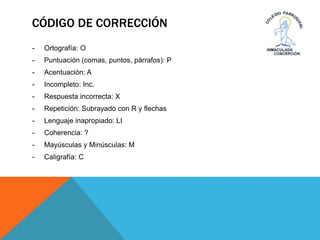 CÓDIGO DE CORRECCIÓN
- Ortografía: O
- Puntuación (comas, puntos, párrafos): P
- Acentuación: A
- Incompleto: Inc.
- Respuesta incorrecta: X
- Repetición: Subrayado con R y flechas
- Lenguaje inapropiado: LI
- Coherencia: ?
- Mayúsculas y Minúsculas: M
- Caligrafía: C
 