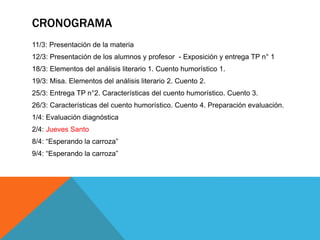 CRONOGRAMA
11/3: Presentación de la materia
12/3: Presentación de los alumnos y profesor - Exposición y entrega TP n° 1
18/3: Elementos del análisis literario 1. Cuento humorístico 1.
19/3: Misa. Elementos del análisis literario 2. Cuento 2.
25/3: Entrega TP n°2. Características del cuento humorístico. Cuento 3.
26/3: Características del cuento humorístico. Cuento 4. Preparación evaluación.
1/4: Evaluación diagnóstica
2/4: Jueves Santo
8/4: “Esperando la carroza”
9/4: “Esperando la carroza”
 