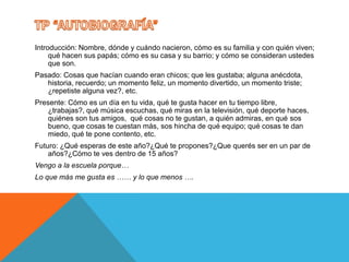 Introducción: Nombre, dónde y cuándo nacieron, cómo es su familia y con quién viven;
qué hacen sus papás; cómo es su casa y su barrio; y cómo se consideran ustedes
que son.
Pasado: Cosas que hacían cuando eran chicos; que les gustaba; alguna anécdota,
historia, recuerdo; un momento feliz, un momento divertido, un momento triste;
¿repetiste alguna vez?, etc.
Presente: Cómo es un día en tu vida, qué te gusta hacer en tu tiempo libre,
¿trabajas?, qué música escuchas, qué miras en la televisión, qué deporte haces,
quiénes son tus amigos, qué cosas no te gustan, a quién admiras, en qué sos
bueno, que cosas te cuestan más, sos hincha de qué equipo; qué cosas te dan
miedo, qué te pone contento, etc.
Futuro: ¿Qué esperas de este año?¿Qué te propones?¿Que querés ser en un par de
años?¿Cómo te ves dentro de 15 años?
Vengo a la escuela porque…
Lo que más me gusta es …… y lo que menos ….
 