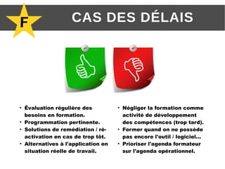 F CAS DES DÉLAIS
●
Évaluation régulière des
besoins en formation.
●
Programmation pertinente.
●
Solutions de remédiation / ré-
activation en cas de trop tôt.
●
Alternatives à l'application en
situation réelle de travail.
●
Négliger la formation comme
activité de développement
des compétences (trop tard).
●
Former quand on ne possède
pas encore l'outil / logiciel...
●
Prioriser l'agenda formateur
sur l'agenda opérationnel.
 