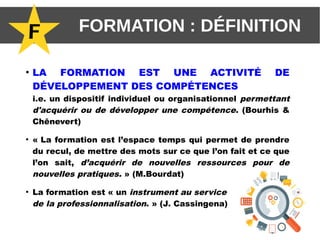 F FORMATION : DÉFINITION
●
LA FORMATION EST UNE ACTIVITÉ DE
DÉVELOPPEMENT DES COMPÉTENCES
i.e. un dispositif individuel ou organisationnel permettant
d'acquérir ou de développer une compétence. (Bourhis &
Chênevert)
●
« La formation est l’espace temps qui permet de prendre
du recul, de mettre des mots sur ce que l’on fait et ce que
l’on sait, d’acquérir de nouvelles ressources pour de
nouvelles pratiques. » (M.Bourdat)
●
La formation est « un instrument au service
de la professionnalisation. » (J. Cassingena)
 