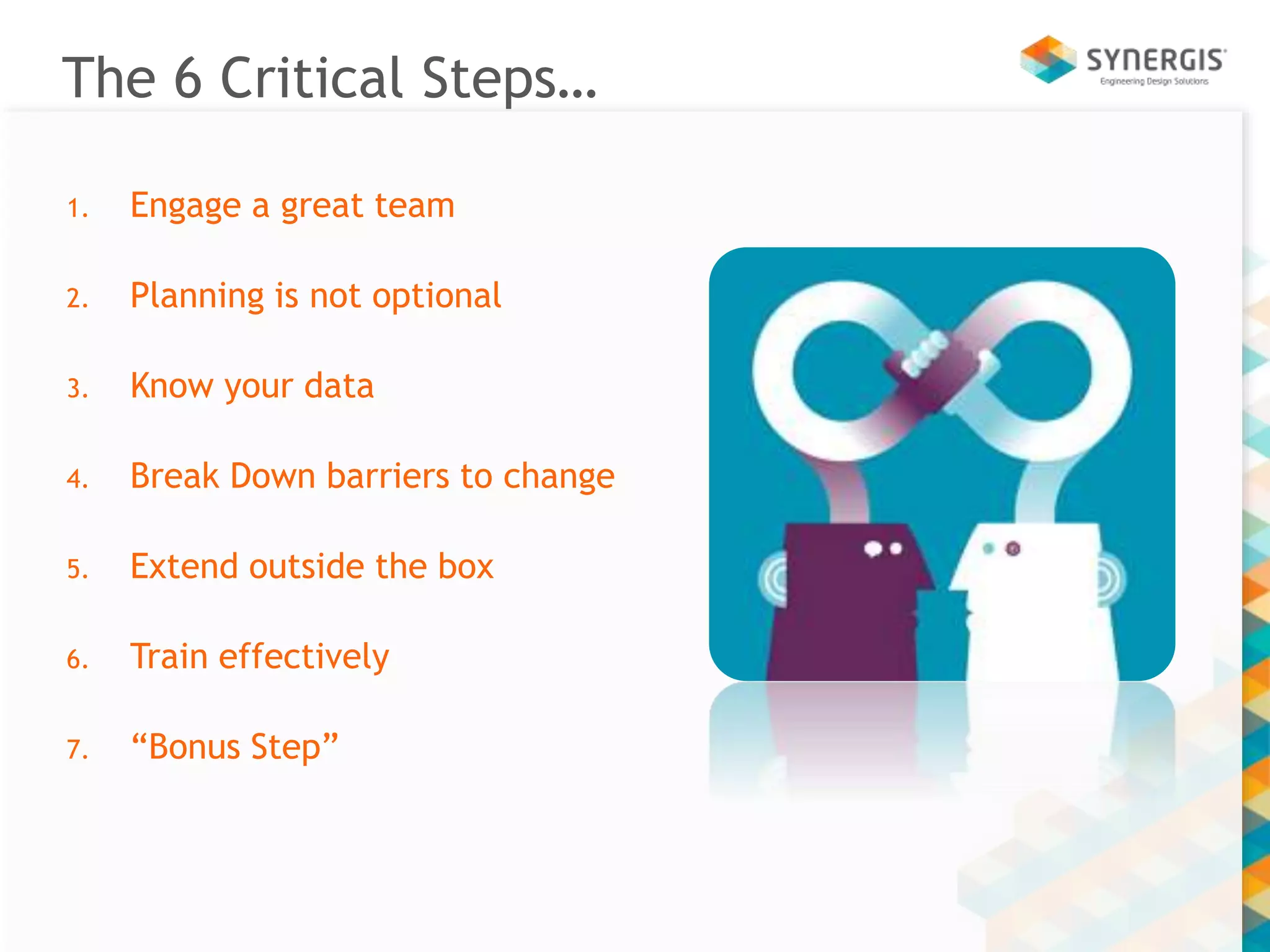 The 6 Critical Steps… 
1. Engage a great team 
2. Planning is not optional 
3. Know your data 
4. Break Down barriers to change 
5. Extend outside the box 
6. Train effectively 
7. “Bonus Step” 
 