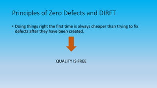 Principles of Zero Defects and DIRFT
• Doing things right the first time is always cheaper than trying to fix
defects after they have been created.
QUALITY IS FREE
 