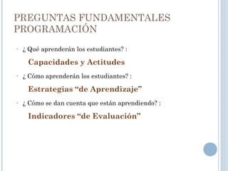 PREGUNTAS FUNDAMENTALES
PROGRAMACIÓN
• ¿ Qué aprenderán los estudiantes? :
Capacidades y Actitudes
• ¿ Cómo aprenderán los estudiantes? :
Estrategias “de Aprendizaje”
• ¿ Cómo se dan cuenta que están aprendiendo? :
Indicadores “de Evaluación”
 