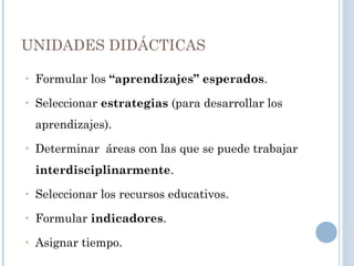 UNIDADES DIDÁCTICAS
• Formular los “aprendizajes” esperados.
• Seleccionar estrategias (para desarrollar los
aprendizajes).
• Determinar áreas con las que se puede trabajar
interdisciplinarmente.
• Seleccionar los recursos educativos.
• Formular indicadores.
• Asignar tiempo.
 