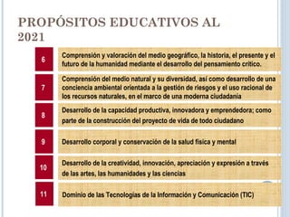 Comprensión y valoración del medio geográfico, la historia, el presente y el
futuro de la humanidad mediante el desarrollo del pensamiento crítico.
Comprensión del medio natural y su diversidad, así como desarrollo de una
conciencia ambiental orientada a la gestión de riesgos y el uso racional de
los recursos naturales, en el marco de una moderna ciudadanía
Desarrollo de la capacidad productiva, innovadora y emprendedora; como
parte de la construcción del proyecto de vida de todo ciudadano
Desarrollo corporal y conservación de la salud física y mental
Desarrollo de la creatividad, innovación, apreciación y expresión a través
de las artes, las humanidades y las ciencias
6
7
8
9
10
Dominio de las Tecnologías de la Información y Comunicación (TIC)11
PROPÓSITOS EDUCATIVOS AL
2021
 