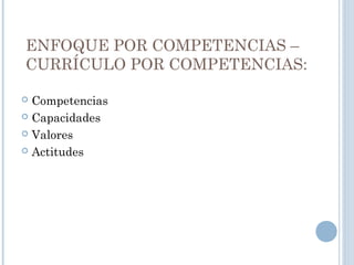 ENFOQUE POR COMPETENCIAS –
CURRÍCULO POR COMPETENCIAS:
 Competencias
 Capacidades
 Valores
 Actitudes
 