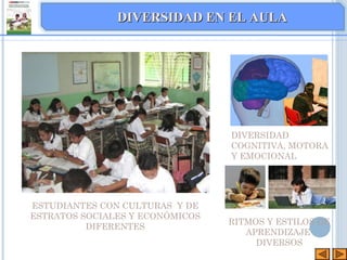 DIVERSIDAD
COGNITIVA, MOTORA
Y EMOCIONAL
RITMOS Y ESTILOS DE
APRENDIZAJE
DIVERSOS
ESTUDIANTES CON CULTURAS Y DE
ESTRATOS SOCIALES Y ECONÓMICOS
DIFERENTES
DIVERSIDAD EN EL AULADIVERSIDAD EN EL AULA
 
