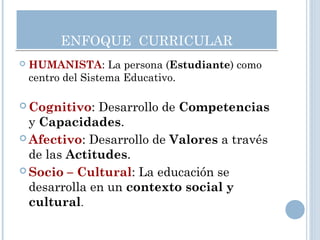 ENFOQUE CURRICULARENFOQUE CURRICULAR
7
 HUMANISTA: La persona (Estudiante) como
centro del Sistema Educativo.
 Cognitivo: Desarrollo de Competencias
y Capacidades.
 Afectivo: Desarrollo de Valores a través
de las Actitudes.
 Socio – Cultural: La educación se
desarrolla en un contexto social y
cultural.
 