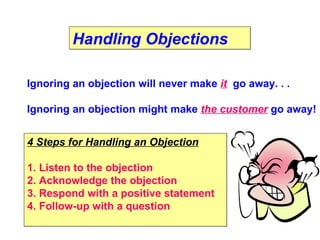 Handling Objections Ignoring an objection will never make  it   go away. . .  Ignoring an objection might make  the customer  go away! 4 Steps for Handling an Objection 1. Listen to the objection 2. Acknowledge the objection 3. Respond with a positive statement 4. Follow-up with a question 