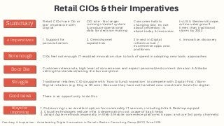 Retail CIOs & their Imperatives
Retail CIOs have 'Do or
Die' imperative with
Digital
CIO role - No longer
running internal system
& produce operational
data for decision making
Consumer habits
changing fast. Its not
about yesterday; its
about today & tomorrow.
In US & Western Europe,
online sales grow 5
times than traditional
stores by 2022
Summary
4 Imperatives 1. Support for
personalization
2. Omnichannel
capabilities
3.Invest in Digital
infrastructure /
ecommerce apps and
platforms 
4. Innovation discovery
Not enough CIOs feel not enough IT-enabled innovation; due to lack of speed in adopting new tools  approaches.
Do or Die Customers demand a high level of convenience and expect personalized content. Amazon & Alibaba
setting the standard/raising the bar everytime. 
Struggle Traditional retailers' CIO struggle with 'how to fund innovation' to compete with Digital-First / Born-
Digital retailers (e.g. Etsy or JD.com). Because they have not handled new investment funds for digital.
Good news
1. Outsourcing is an excellent option for commodity IT services; including Infra & Desktop support
2. Cloud technologies reduce infra & depreciation cost; usage of SaaS helps
3. Adopt Agile methods (especially in Web & Mobile commerce platforms & apps; and use 3rd party channels)
Ways for
improving
There is an opportunity to do this.
Courtesy & Inspiration - Accelerating Digital Innovation in Retails; Boston Consulting Group (BCG) June 2018
 