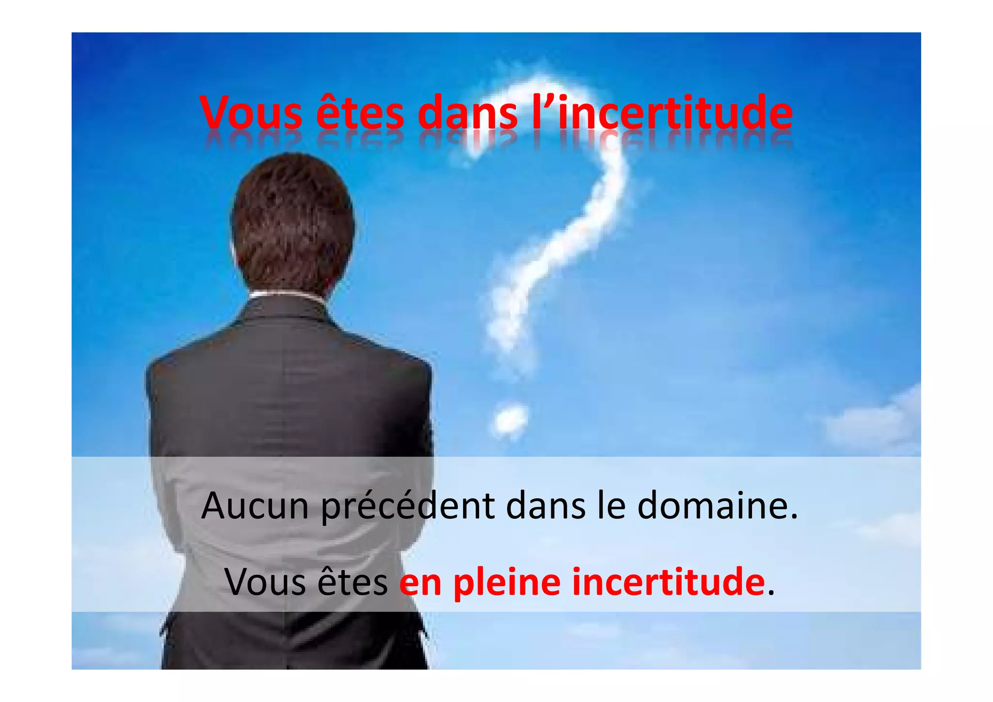 Vous êtes dans l’incertitude
Aucun précédent dans le domaine.
Vous êtes en pleine incertitude.
 