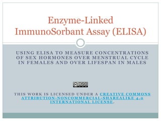 USING ELISA TO MEASURE CONCENTRATIONS
OF SEX HORMONES OVER MENSTRUAL CYCLE
IN FEMALES AND OVER LIFESPAN IN MALES
T H I S W O R K I S L I C E N S E D U N D E R A C R E A T I V E C O M M O N S
A T T R I B U T I O N - N O N C O M M E R C I A L - S H A R E A L I K E 4 . 0
I N T E R N A T I O N A L L I C E N S E .
Enzyme-Linked
ImmunoSorbant Assay (ELISA)
 