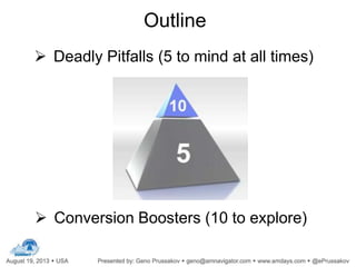  Deadly Pitfalls (5 to mind at all times)
 Conversion Boosters (10 to explore)
Outline
 