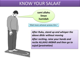 KNOW YOUR SALAAT
After Ruku, stand up and whisper the
above dhikr without moving
After reciting, raise your hands and
recite ALLAHU AKBAR and then go to
sujud (prostration)
sami allahu
liman
hamidah
“Allah hears whoever praises Him.”
 