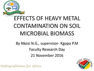 EFFECTS OF HEAVY METAL
CONTAMINATION ON SOIL
MICROBIAL BIOMASS
By Nkosi N.G., supervisor- Kgopa P.M
Faculty Research Day
21 November 2016
 