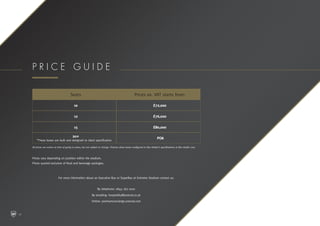 P r i c e g u i d e
Seats Prices ex. VAT starts from:
10 £72,000
12 £76,000
15 £80,000
20+
*These boxes are built and designed to client specification
POA
All prices are correct at time of going to press, but are subject to change. Pictures show boxes configured to Box Holder’s specifications at Box Holder cost.
Prices vary depending on position within the stadium.
Prices quoted exclusive of food and beverage packages.
For more information about an Executive Box or SuperBox at Emirates Stadium contact us:
By telephone: 0845 262 0001
By emailing: hospitality@arsenal.co.uk
Online: premiumconcierge.arsenal.com
14
 