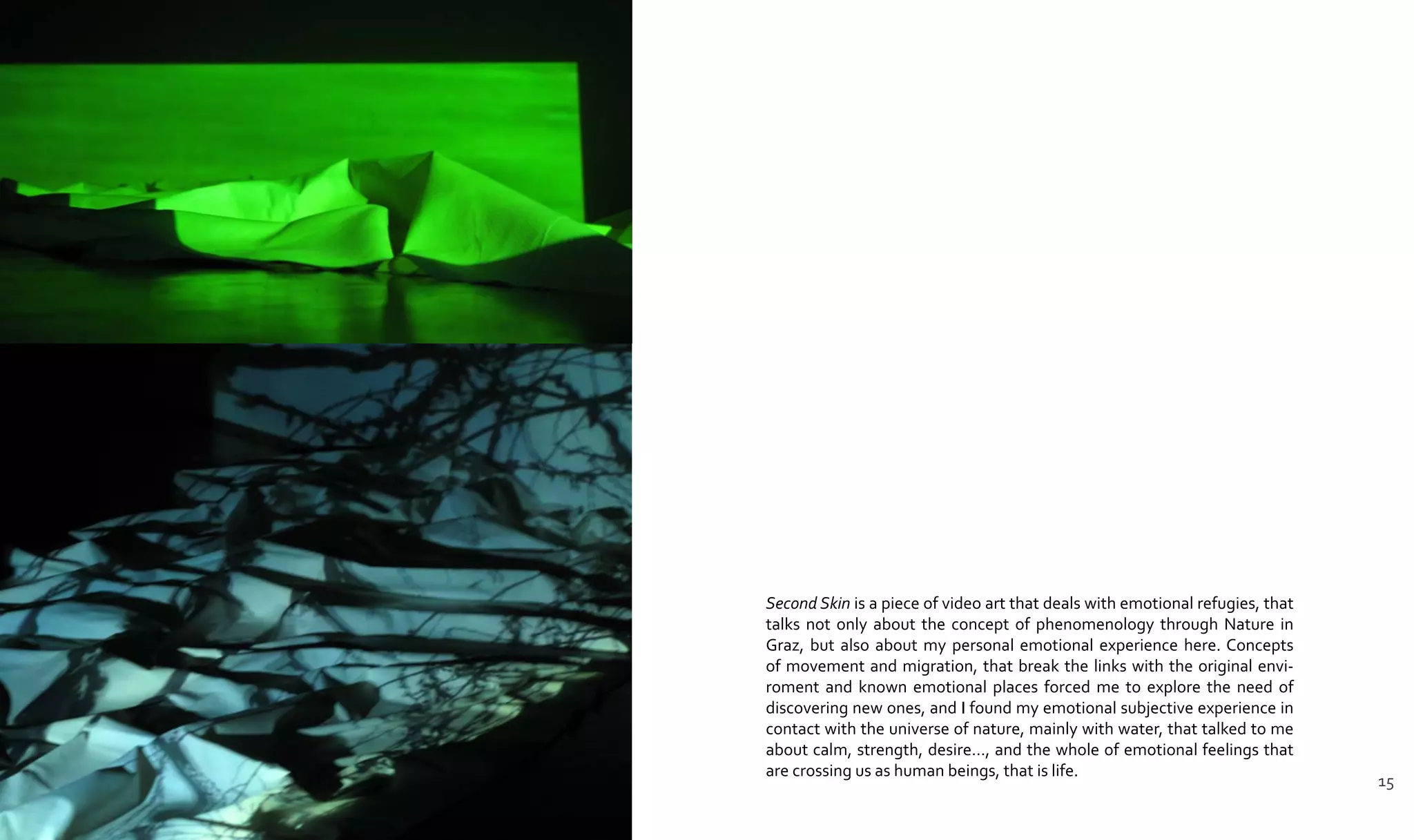 Second Skin is a piece of video art that deals with emotional refugies, that
talks not only about the concept of phenomenology through Nature in
Graz, but also about my personal emotional experience here. Concepts
of movement and migration, that break the links with the original envi-
roment and known emotional places forced me to explore the need of
discovering new ones, and I found my emotional subjective experience in
contact with the universe of nature, mainly with water, that talked to me
about calm, strength, desire…, and the whole of emotional feelings that
are crossing us as human beings, that is life.
15
 