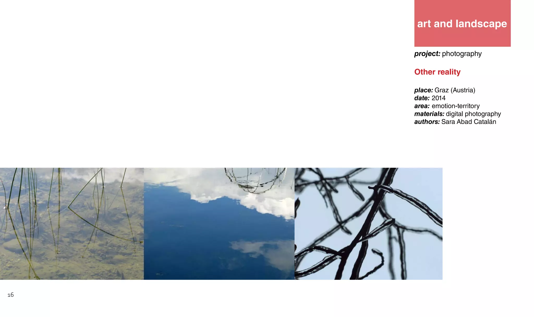 project: photography
Other reality
place: Graz (Austria)
date: 2014
area: emotion-territory
materials: digital photography
authors: Sara Abad Catalán
art and landscape
16
 