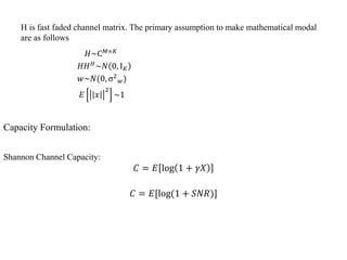 H is fast faded channel matrix. The primary assumption to make mathematical modal
are as follows
𝐻~Ϲ 𝑀×𝐾
𝐻𝐻 𝐻
~𝑁 0, I 𝐾
𝑤~𝑁(0, σ2
𝑤)
𝐸 𝑥
2
~1
Capacity Formulation:
Shannon Channel Capacity:
𝐶 = 𝐸 log 1 + 𝛾𝑋
𝐶 = 𝐸[log(1 + 𝑆𝑁𝑅)]
 