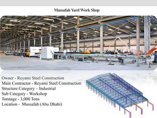 MussafahYardWork Shop
Owner - Reyami Steel Construction
Main Contractor - Reyami Steel Construction
Structure Category – Industrial
Sub Category - Workshop
Tonnage - 3,000 Tons
Location - Mussafah (Abu Dhabi)
 