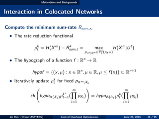 Motivations and Backgrounds
Interaction in Colocated Networks
Compute the minimum sum-rate Rsum,∞
• The rate reduction functional
ρk
t = H(Xm
) − Rk
sum,t = max
pUt |Xm ∈Pk
t (pXm )
H(Xm
|Ut
)
• The hypograph of a function f : Rn → R
hypof = {(x, µ) : x ∈ Rn
, µ ∈ R, µ ≤ f (x)} ⊂ Rn+1
• Iteratively update ρk
t for ﬁxed pXmXk
ch hypo∆(Xk )ρk+
t−1(
m
i=1
pXi
) = hypo∆(Xk )ρk
t (
m
i=1
pXi
)
Jie Ren (Drexel ASPITRG) Control Overhead Optimization June 23, 2016 15 / 95
 