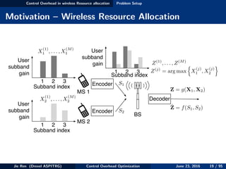 Control Overhead in wireless Resource allocation Problem Setup
Motivation – Wireless Resource Allocation
MS 1
MS 2
BS
Encoder
Encoder
Decoder
Subband index
User
subband
gain
1 2 3
Subband index
User
subband
gain
1 2 3
X
(1)
1 , . . . , X
(M)
1
X
(1)
2 , . . . , X
(M)
2
S1
Subband index
User
subband
gain
1 2 3
Z(1)
, . . . , Z(M)
Z(j)
= arg max
n
X
(j)
1 , X
(j)
2
o
Z = g(X1, X2)
ˆZ = f(S1, S2)
S2
Jie Ren (Drexel ASPITRG) Control Overhead Optimization June 23, 2016 19 / 95
 